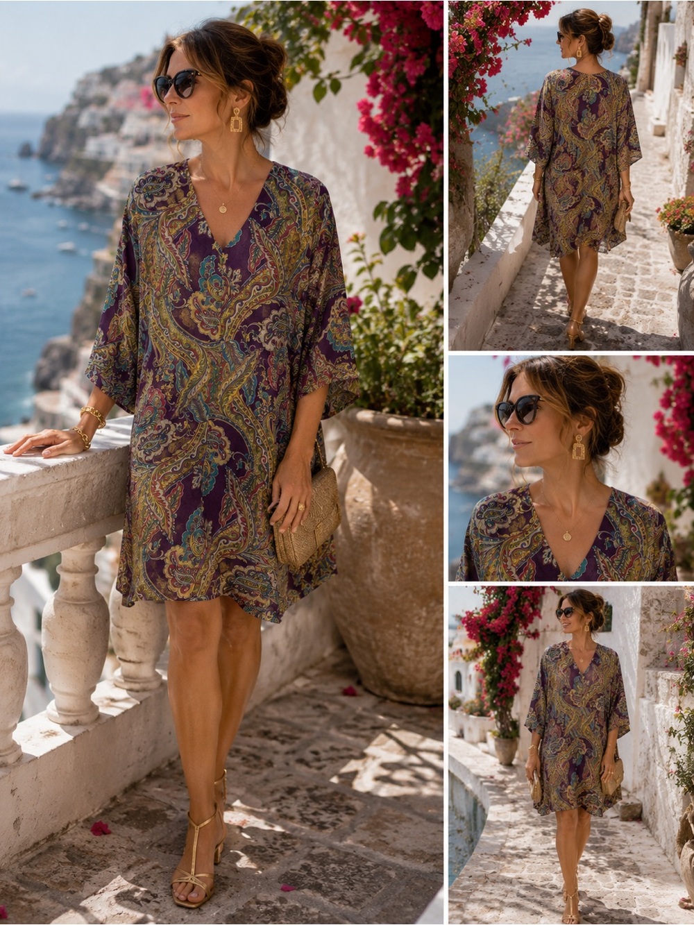 Bryn Walker Italian Linen Paisley Tunic Dress Purple Boho Artsy Resort Coastal S